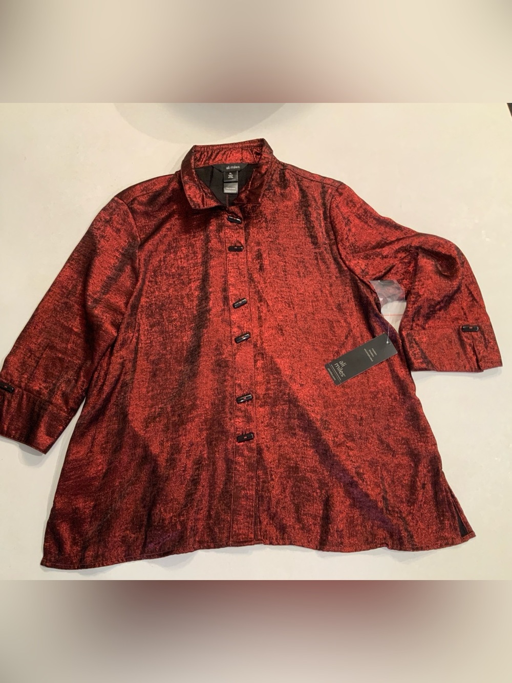 Ali Miles Tunic Top PL Shimmer Wire Collar 3/4 Sleeve Front Button NWT